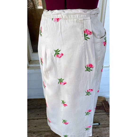 Vintage 1970s Cotton Wrap Skirt Embroidered Pink Flowers Sz M - Picture 9 of 12